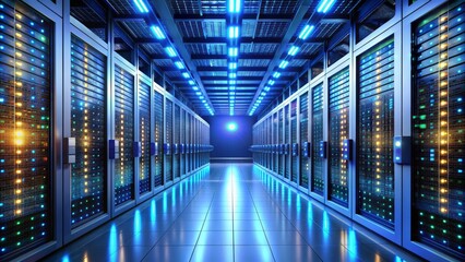 Fototapeta premium Sleek rows of humming servers and blinking lights illuminate a pristine, climate-controlled data center, symbolizing efficiency, innovation, and cutting-edge technology.