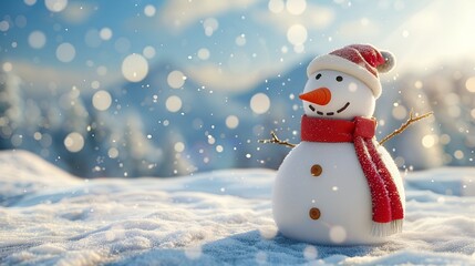 Fototapeta premium Christmas winter background banner with a charming, funny snowman wearing a cozy woolen hat and scarf in front of a snowy landscape with sparkling bokeh lights