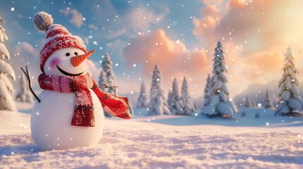 Christmas winter background banner with a charming, funny snowman wearing a cozy woolen hat and scarf in front of a snowy landscape with sparkling bokeh lights
