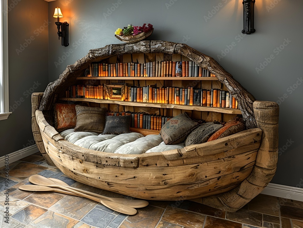 Poster a unique bookshelf designed in the shape of a boat.