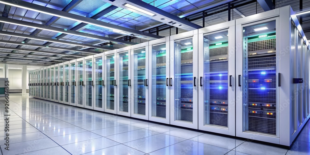 Poster high-tech white server room with rows of sleek data racks, blinking lights, and ventilation systems,