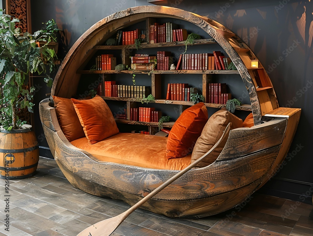 Poster a unique boat-shaped couch accompanied by a bookshelf and a paddle.