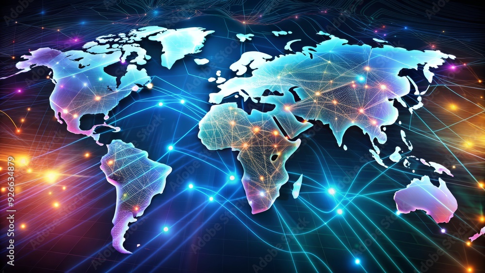 Poster vibrant abstract world map with glowing connections, fibers, and circuits, representing global netwo