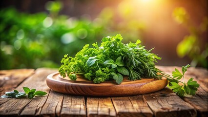A rustic wooden plate sits against a blurred, earthy background, surrounded by scattered fresh green herbs, conveying a sense of natural, wholesome cuisine.