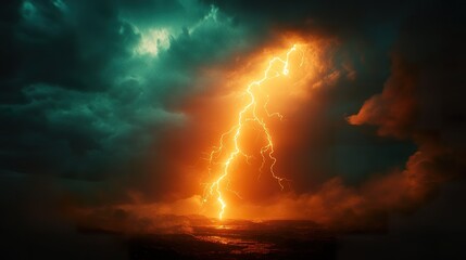 A full-shot of a dramatic lightning bolt striking across the sky, showcasing its jagged and powerful form, isolated on a dark background 