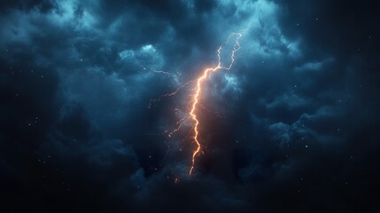 A full-shot of a dramatic lightning bolt striking across the sky, showcasing its jagged and powerful form, isolated on a dark background 