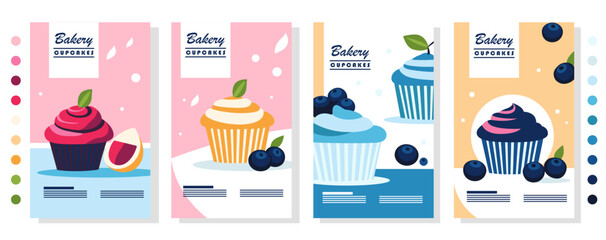 A set of advertising flyers with the image of cupcakes. Flat vector style. Bright colors.