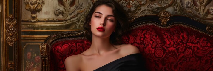 Brunette in a black silk dress, posing elegantly against a classic