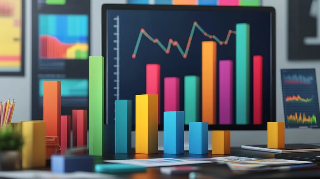 Colorful bar chart and line graph on computer monitor, representing data and financial growth.
