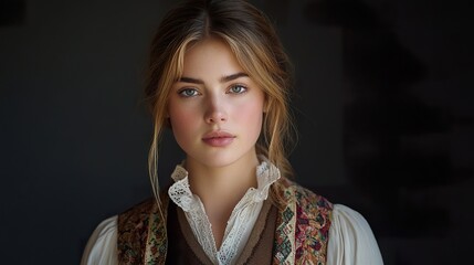 A full-shot of a German woman in traditional attire such as a dirndl or leaseholder, showcasing the detailed patterns and cultural significance 