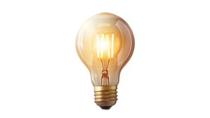 Classic light bulb with a glowing filament, detailed and realistic, isolated on a white background