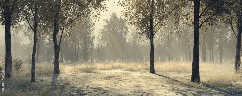 Poster misty forest path with sunlight filtering through trees.