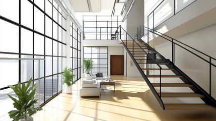 Obraz premium Modern loft interior with large windows, wooden floors, and a staircase leading to an upper level. Sunlight streams through the windows.