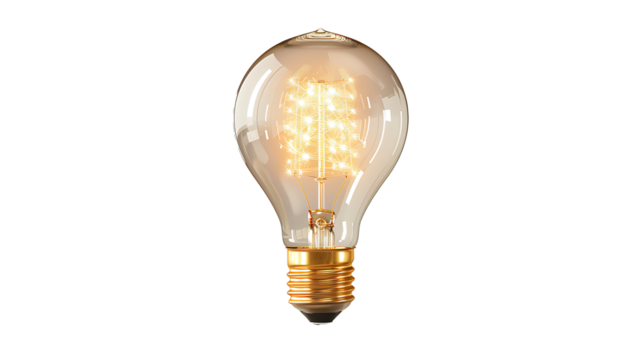 Classic light bulb with a glowing filament, detailed and realistic, isolated on a white background