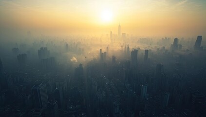 Fototapeta premium Sunrise over foggy city skyline.