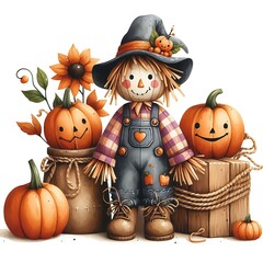 scarecrow adorned with pumpkins vector illustration