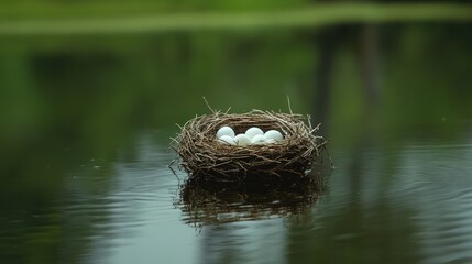 Obraz premium A bird's nest with tiny eggs, floating gently on a placid lake.