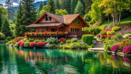 Fototapeta premium A serene lakehouse surrounded by lush greenery and vibrant flowers, symbolizing a perfect blend of luxury, relaxation, and harmony with nature.