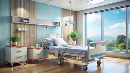 A serene medical environment features a hospital bed with monitoring equipment, an IV pole, and a medication cart, conveying a sense of calm sedation.