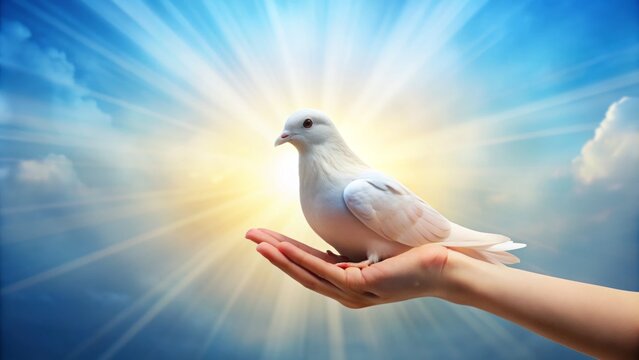A serene portrait of a gentle hand holding a dove, symbolizing tranquility and harmony, set against a soft, gradient blue background with subtle sunlight.