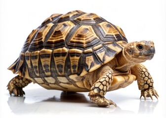 Fototapeta premium A solitary leopard tortoise slowly walks away, its distinctive shell patterns and scaly legs visible, against a pristine white background with no distractions.