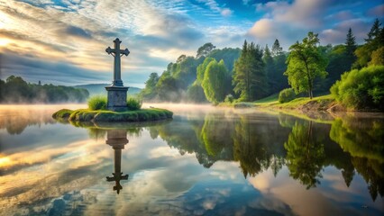 A serene water reflection mirrors a majestic stone cross standing alone on a tranquil lakeshore, surrounded by lush greenery and misty morning atmosphere.