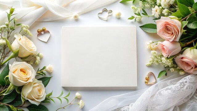 Elegant blank wedding invitation card mockup with ample copy space, beautifully showcased on a pristine white background, ideal for card design presentation and customization.