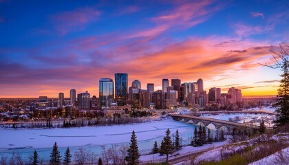 Obraz premium Vibrant Sunset Over the City of Calgary, Alberta, Canada showcasing the beautiful skyline and urban landscape at dusk