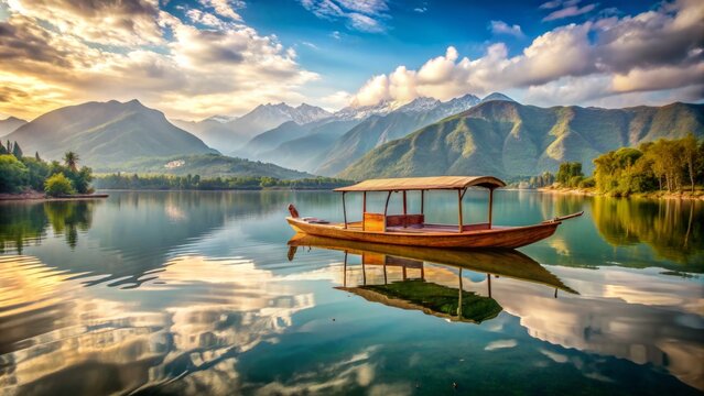 A serene wooden shikara boat floats peacefully on the calm waters of a scenic lake, surrounded by lush green hills and majestic mountains in the background.