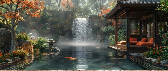  A serene garden featuring a cascading waterfall beside an elegant gazebo.