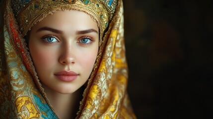 A full-shot of a Russian woman in traditional attire, such as a Sarafan or Kokoshnik, showcasing intricate designs and rich fabrics, isolated on a dark background