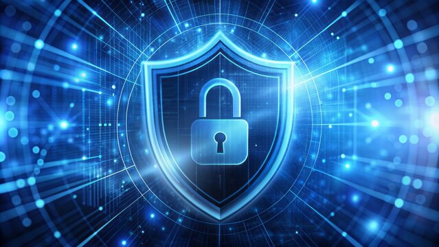A shimmering blue shield icon with a padlock at its center, symbolizing protection and cybersecurity, against a blurred website interface background with codes and wires.