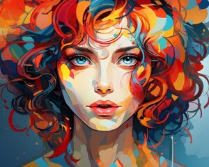 Fototapeta premium Unaltered portrait flat design top view realistic face cartoon drawing Triadic Color Scheme