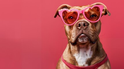 Pitbull wearing heart sunglasses with copy space on red background