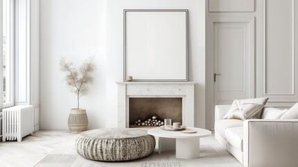 Pouf and side table near white sofa against fireplace and white wall with poster frame Minimalist interior design of modern living room home