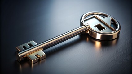 A shiny metal key overlaid on a modern logo for a real estate company, symbolizing trust, ownership, and new beginnings in the housing market.