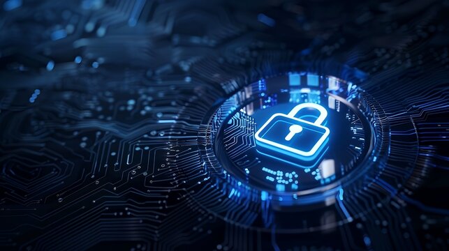 cybersecurity and protection concept with blue neon pad on circuit background - Powered by Adobe