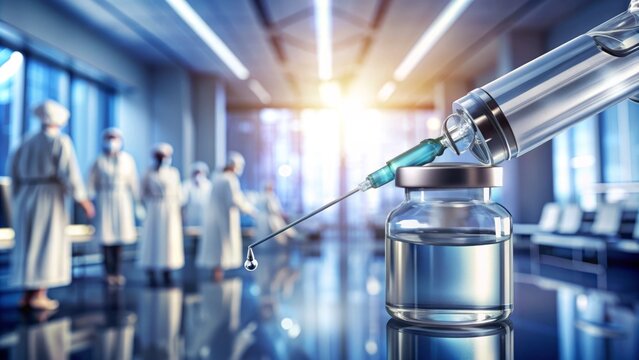 A shiny metallic Needle is inserted into a vial of clear liquid Vaccine, surrounded by blurred medical equipment and a blurred hospital background.