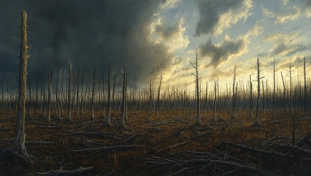 A burned forest with tall dead trees.