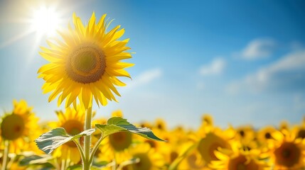 Vibrant yellow sunflowers stand tall amidst a lush green field, their bright petals shining like rays of sunshine against a brilliant blue sky backdrop.