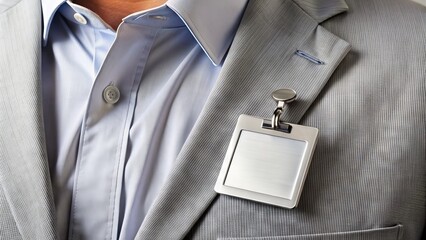 A shiny silver identification badge with a company logo and name tag clipped to a white shirt, symbolizing professionalism and corporate identity.