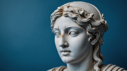 marble white antique woman statue in Greek style on blue background
