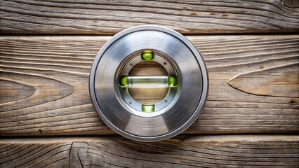 A silver circular spirit level with a flat base and rounded edges rests on a weathered wooden surface, surrounded by faint circular motion lines.