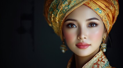 Fototapeta premium A full-shot of a Thai woman in traditional attire such as a beautifully embroidered Thai dress or a traditional silk outfit, showcasing intricate patterns and cultural elegance