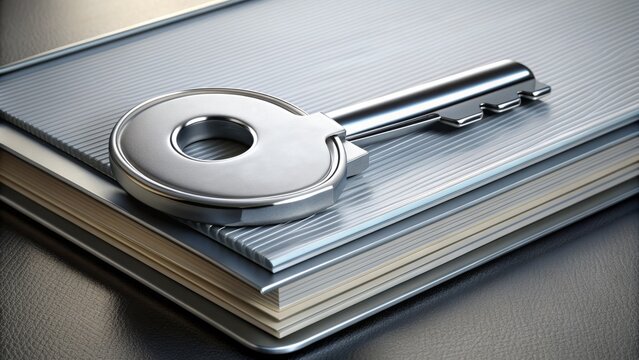 A single silver key rests on a blank tab of a binder or folder, symbolizing access, organization, and unlocking important information or secrets.