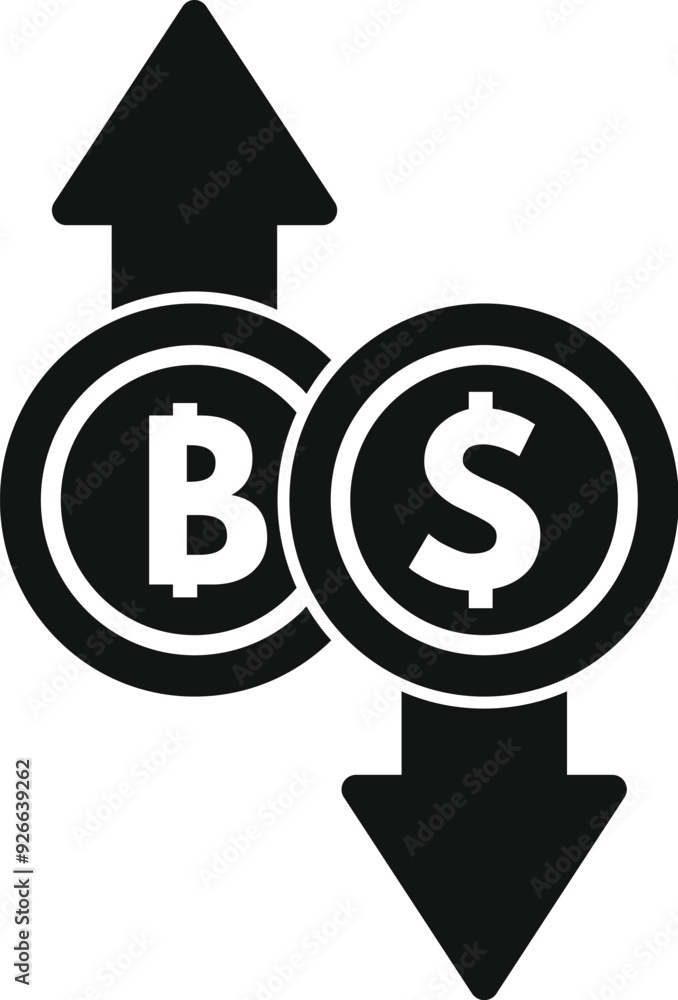 Poster simple black and white icon showing the exchange rate of bitcoin cryptocurrency increasing while the