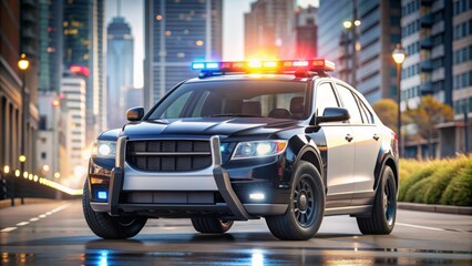 A sleek, black and white police vehicle with flashing lights and antennas is parked on a city street, ready for emergency response.