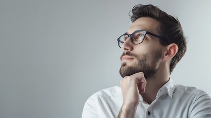 thinking man looking right on white background