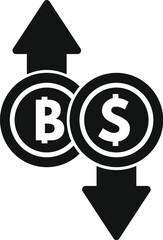 Simple black and white icon showing the exchange rate of bitcoin cryptocurrency increasing while the value of the dollar is decreasing