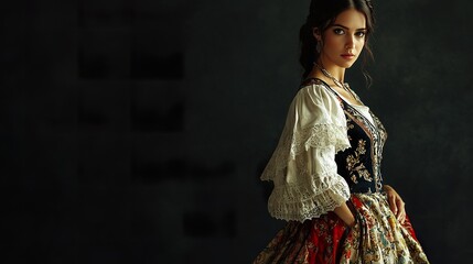 A full-shot of an Italian woman in elegant traditional attire such as a stylish dress with classic Italian design elements, showcasing sophisticated fashion